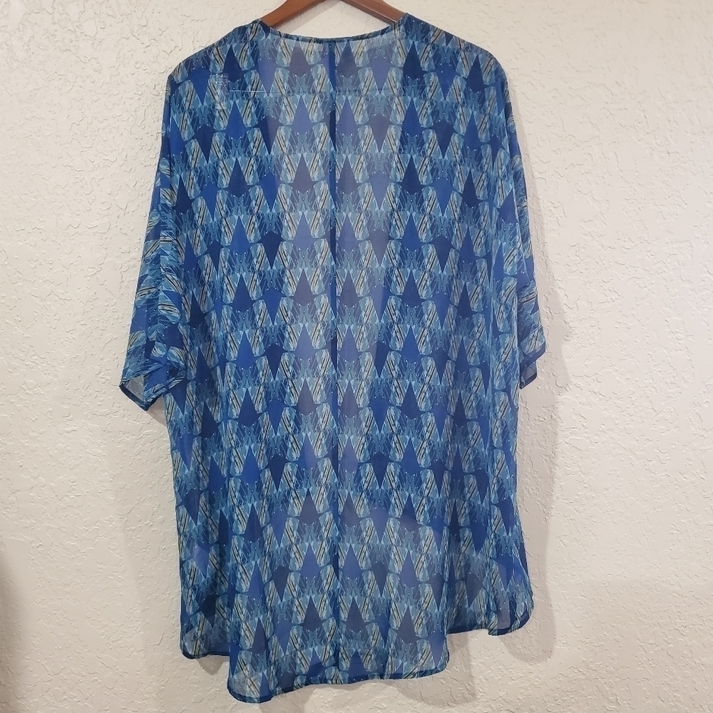 Lularoe Kimono Blue White Yellow Open Front Geometric Size Small - Picture 5 of 6
